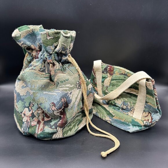 Vintage Tapestry Golf Bucket Bag Handbag Set Green Lady Golfer 1990s Dee Dee - Picture 1 of 16